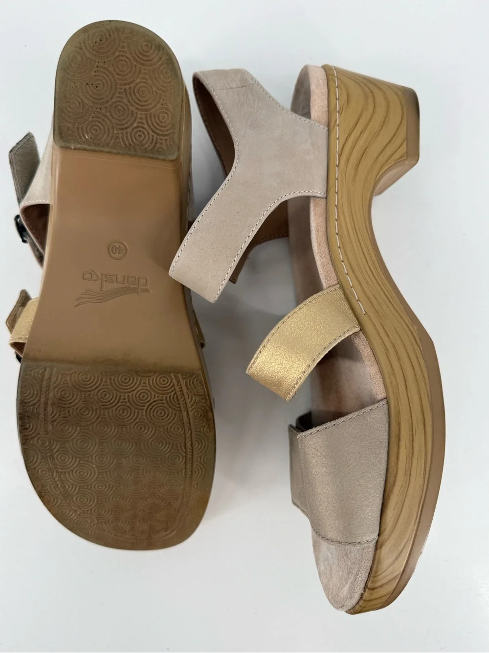 Dansko Beige and Gold Buckle Strap Sandals